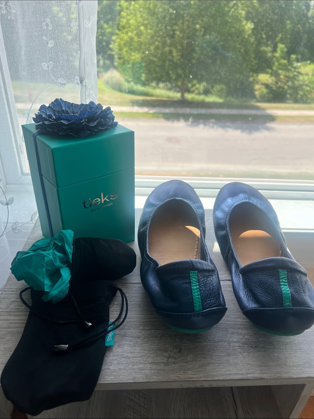 Tieks Limited Edition Midnight Blue Leather Ballet Flats with Teal Accents
